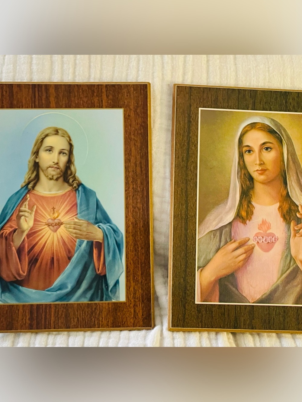 Pair Sacred Heart of Jesus and Immaculate Heart of Mary Wood Plaques 7"x9"
